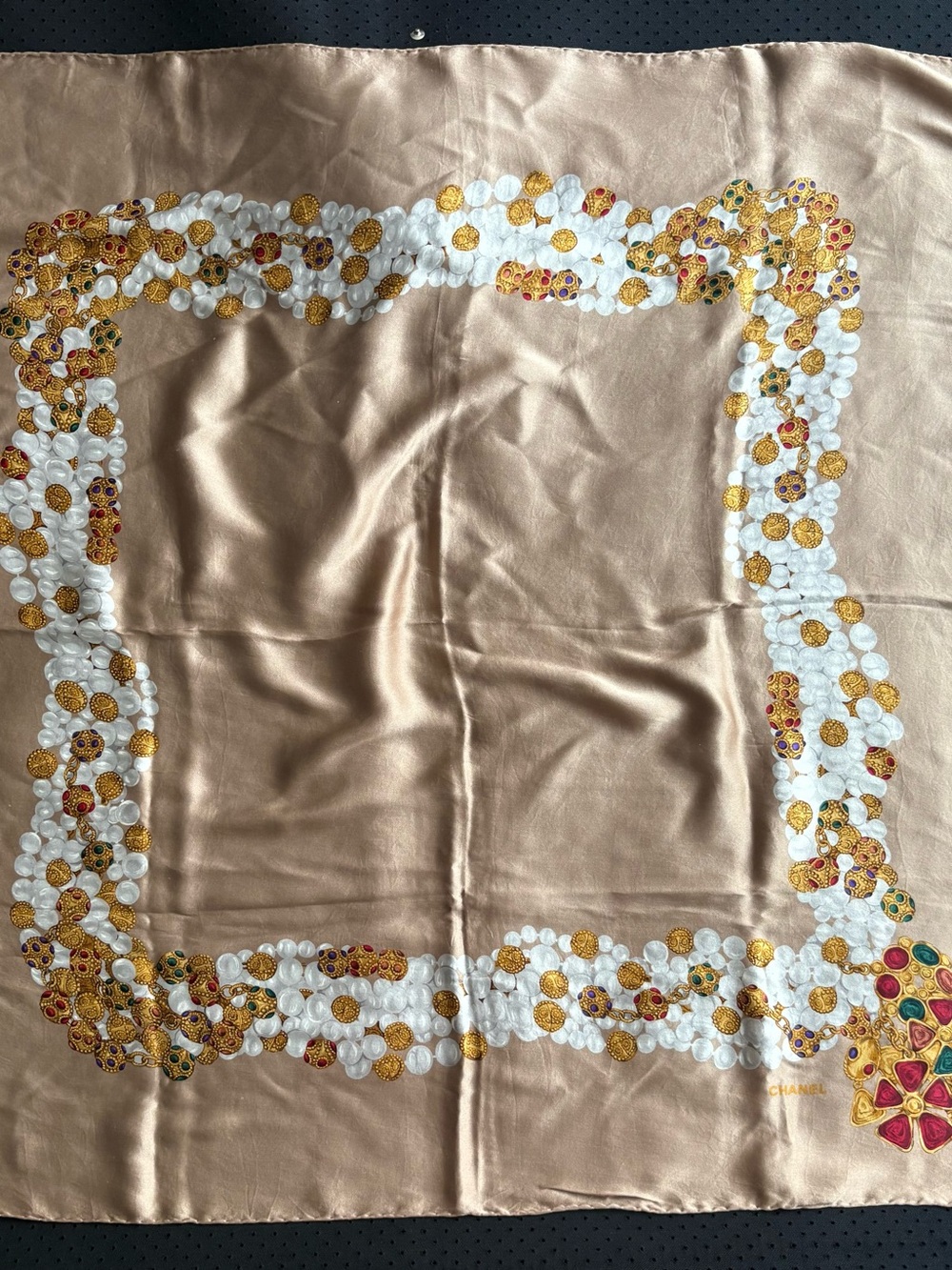 Chanel Vintage Silk Scarf Beige and White Pearl and Jewel Print - Picture 9 of 9